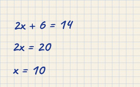 Handschriftliches Foto von Lena: 2x + 6 = 14, umgestellt zu x = 10 (mit Vorzeichenfehler)